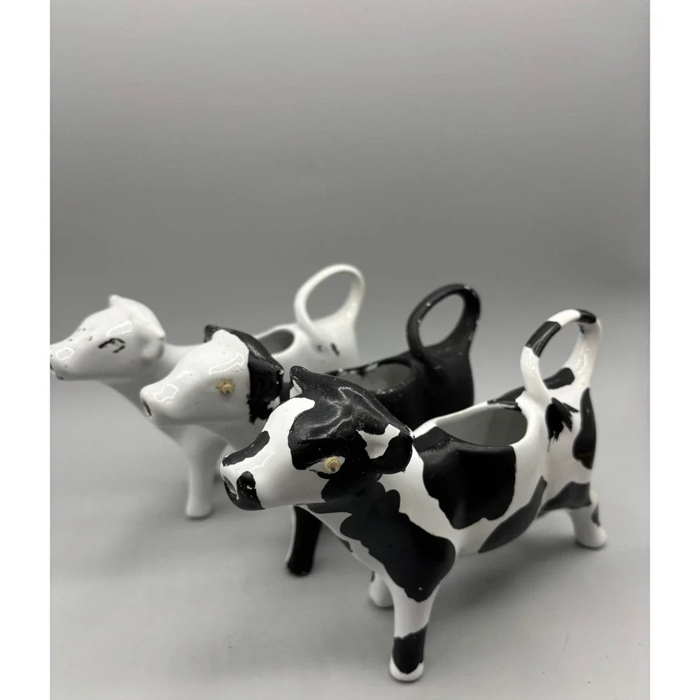 Ceramic Cow Creamer Set of 3 Black White Spotted Farmhouse Kitchen Decor